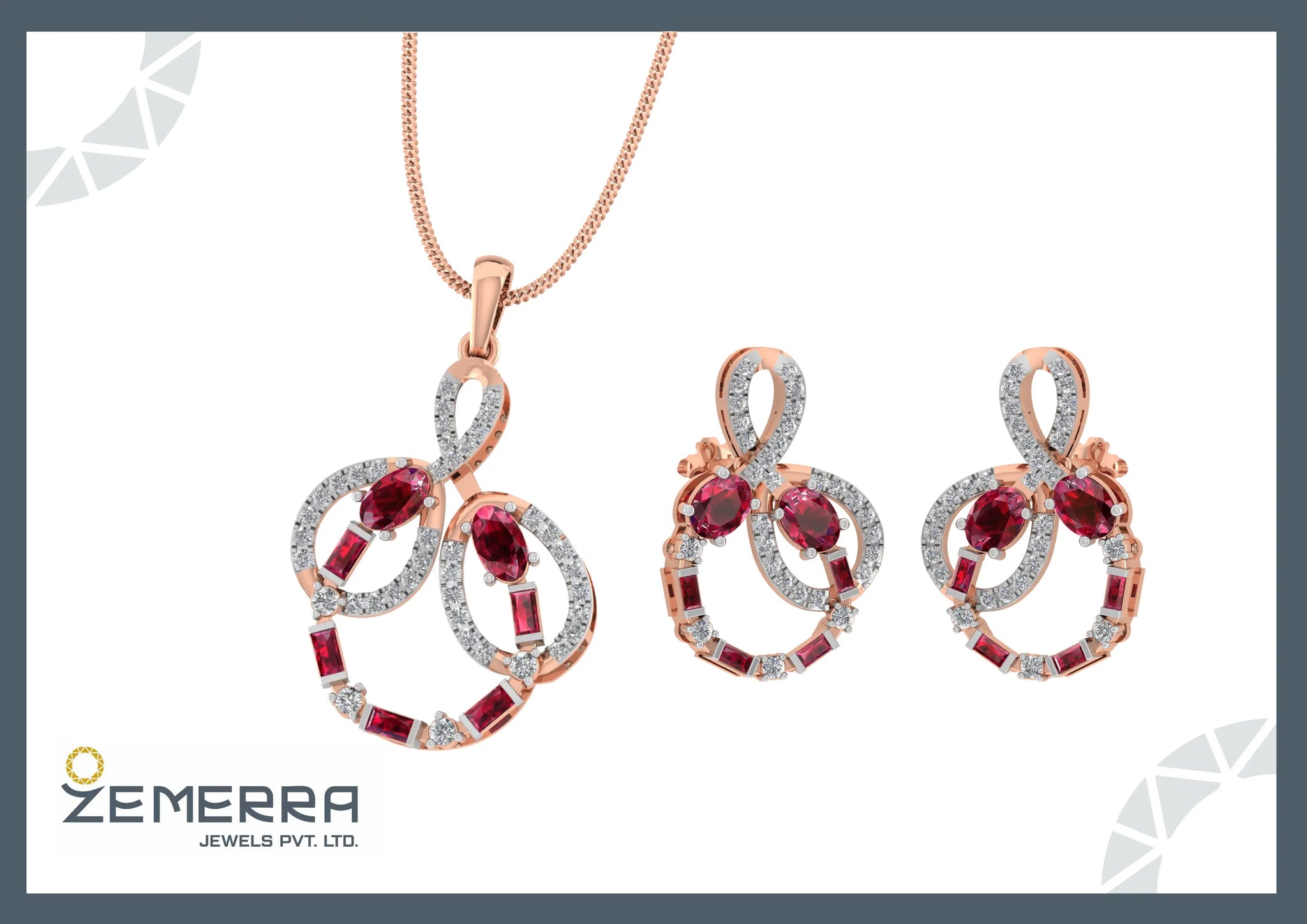 Brilliant 14K Rose Gold Diamond Ruby Pendant Set Sarafa Bazar India