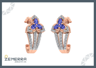 14K Rose Gold Diamond Bali Earring with Blue Pears Stone Sarafa Bazar India