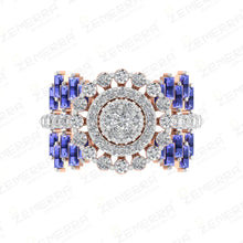 Circular Halo Diamond Ring With Blue Stone in 14K Gold Sarafa Bazar India