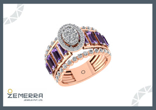 Classic 14K Gold Diamond Amethyst Halo Ring For Her Sarafa Bazar India