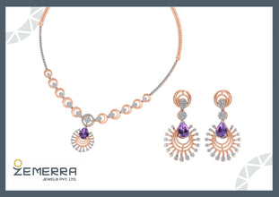 Classic 14K Rose Gold Diamond Amethyst Stone Necklace Set Sarafa Bazar India