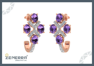 Dazzling Diamond J shape Bali With Amethyst Stone in 14K Gold Sarafa Bazar India