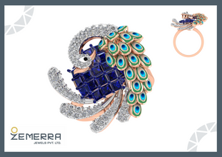 Stylish Peacock Design Diamond Ring in 14KT Gold Sarafa Bazar India