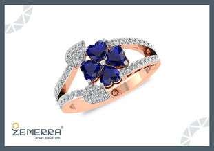Elegant Diamond Blue Sapphire Floral Ring in 14K Gold Sarafa Bazar India