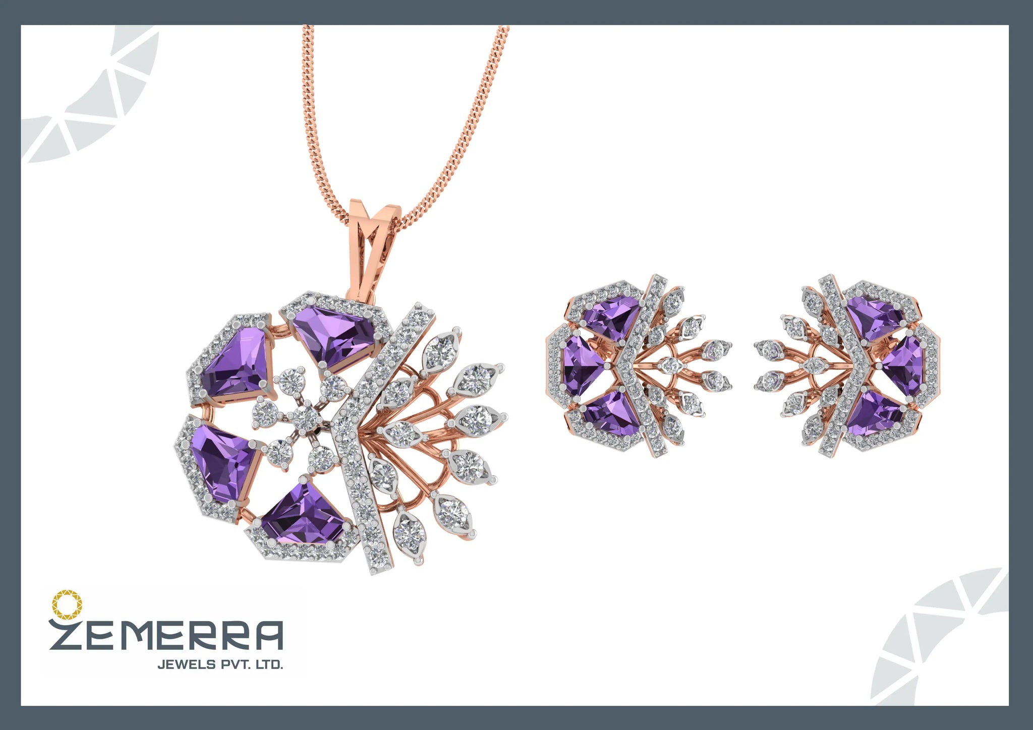 Fashionable 14K Rose Gold Diamond Floral Pendant Set Sarafa Bazar India