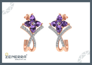 Floral Shape Amethyst Stone Diamond Bali In 14K Gold