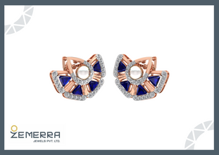 14K Rose Gold Diamond Fan Shape Stud Earrings Sarafa Bazar India