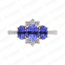 Trendy 14K Rose Gold Diamond Three Stone Tanzanite Stone Ring Sarafa Bazar India