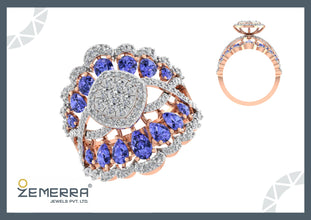 High Demand 14K Gold Diamond Tanzanite Stone Halo Ring For Gifting Sarafa Bazar India
