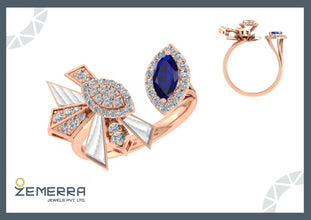 Hot Selling 14K Rose Gold Diamond Sapphire Leaf Open Ring Design Sarafa Bazar India
