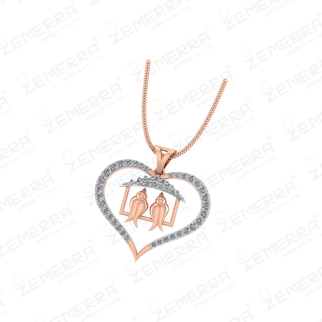 Love Birds Diamond Pendant Set in 14K Rose Gold Heart Sarafa Bazar India