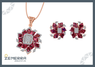 Premium 14K Rose Gold Diamond Floral Design Pendant Set Sarafa Bazar India