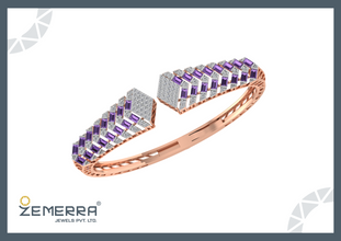 14K Gold Geometric Diamond Amethyst Open Bangle Bracelet Sarafa Bazar India