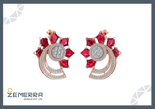 Unique 14K Gold Diamond Earring With Kite Ruby Stone