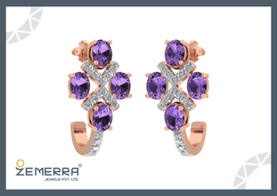 Dazzling Diamond J shape Bali With Amethyst Stone in 14K Gold