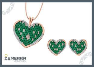 Lavish 14K Gold Diamond Green Stone Heart Shape Pendant Set Sarafa Bazar India