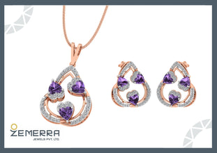 Lavish 14K Rose Gold Diamond Amethyst Heart Shape Pendant Set Sarafa Bazar India