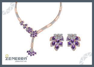 Lavish 14K Rose Gold Diamond Floral Amehtyst Necklace Set Sarafa Bazar India