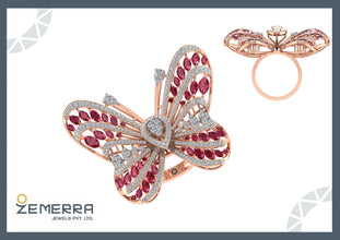 Lavish 14K Rose Gold Diamond Red Ruby Butterfly Shape Ring Sarafa Bazar India