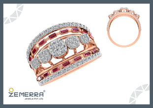 Lavish 14K Rose Gold Diamond Ruby Baguette Stone Cluster Ring Sarafa Bazar India