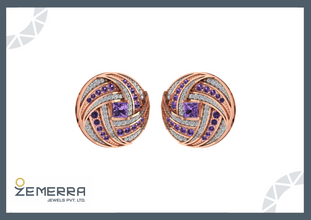 Luxurious 14K Gold Diamond Stud Earring With Amethyst Stone