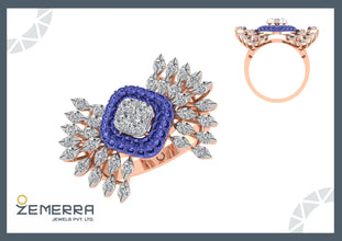 Luxury 14K Gold Blue Sapphire Halo Floral Diamond Ring Sarafa Bazar India