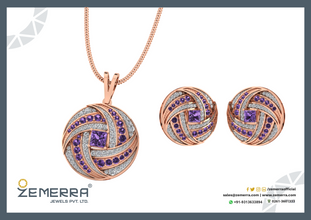 Unique 14K Gold Diamond Amethyst Stone Circle Pendant Set Sarafa Bazar India