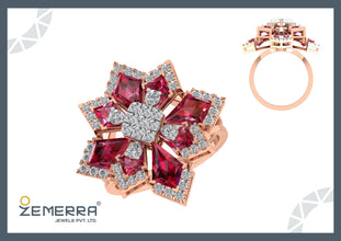 Modern 14K Rose Gold Diamond Floral Ruby Stone Ring Sarafa Bazar India