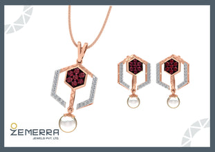 Modern Pearl & Ruby Hexagon Drop Pendant in 14K Rose Gold Sarafa Bazar India