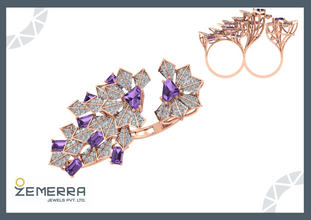 14K Gold Diamond Amethyst Engagement Double Finger Ring Sarafa Bazar India