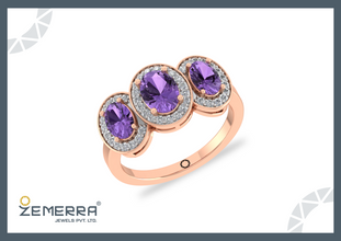 Three Stone Halo Diamond Amethyst Stone Ring in 14K Gold Sarafa Bazar India