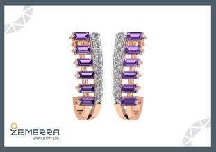 High-quality 14K Rose Gold Diamond Amethyst J-Hoop Bali Earring Sarafa Bazar India