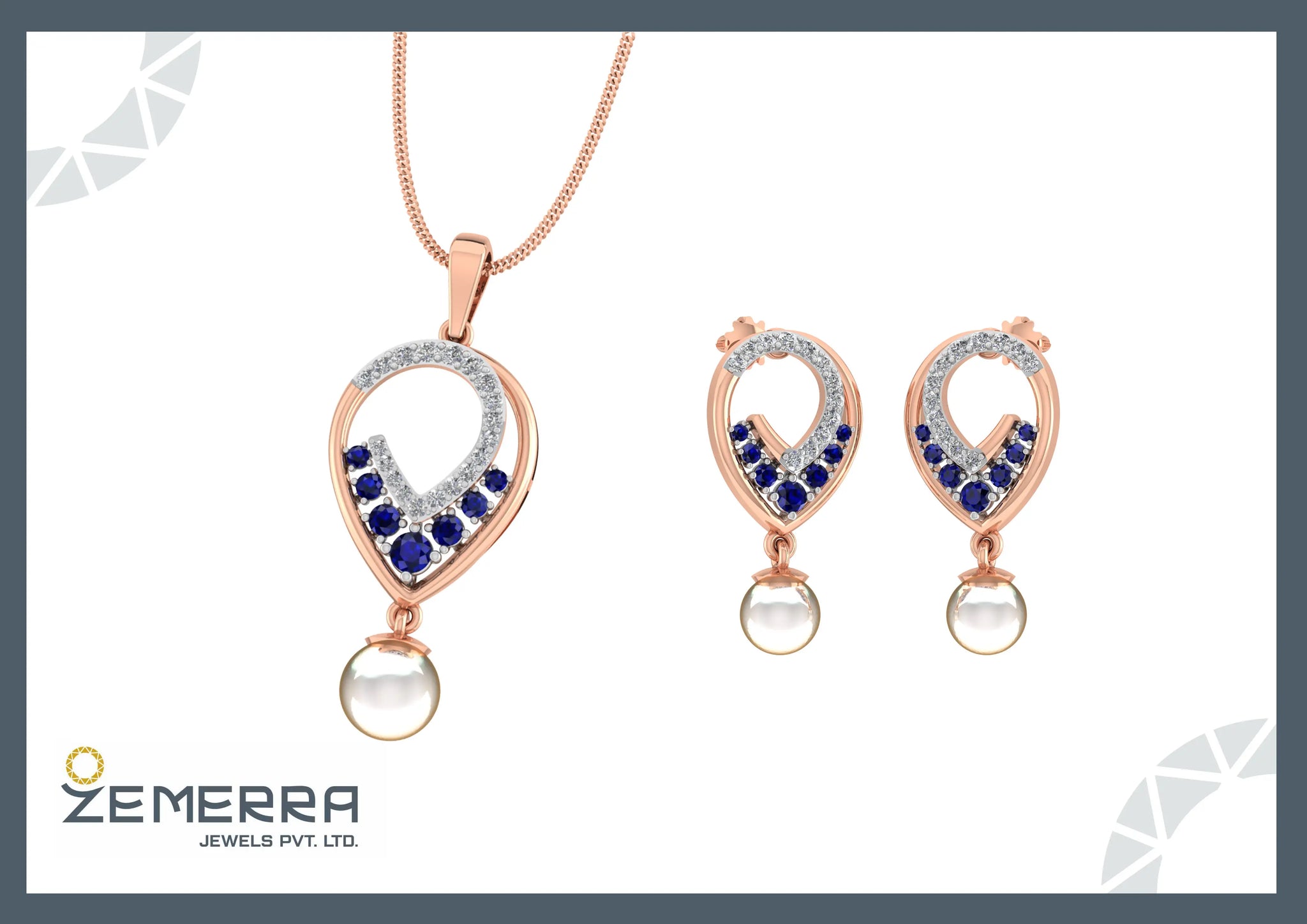 Premium 14K Rose Gold Diamond Pendant Set With Pearls Sarafa Bazar India