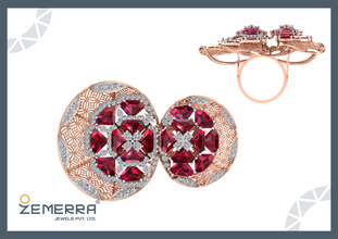 Lavish 14K Rose Gold Diamond Double Halo Cocktail Ring Sarafa Bazar India