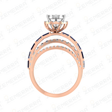 Trendy 14K Rose Gold Diamond Blue Baguette Cut Halo Ring Sarafa Bazar India