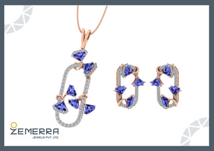 Geometric Diamond Pendant With Blue Color 14K Gold Sarafa Bazar India