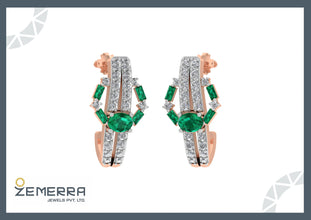 Stylish 14K Rose Gold Diamond Bali With Green Baguette Stone Sarafa Bazar India