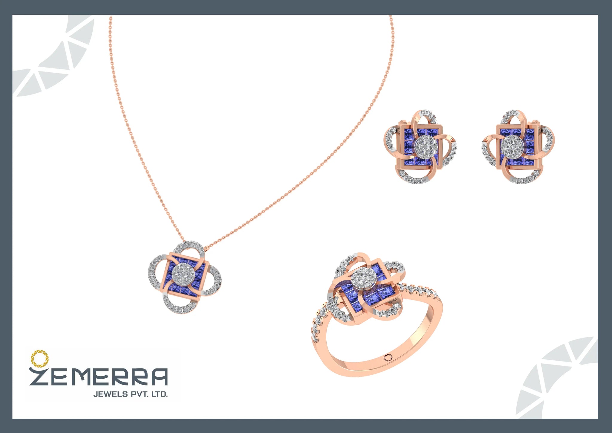 Stylish 14K Rose Gold Diamond Pendant Full Set Sarafa Bazar India