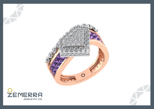 14K Rose Gold Diamond Rings with Amethyst Pricess cut Sarafa Bazar India