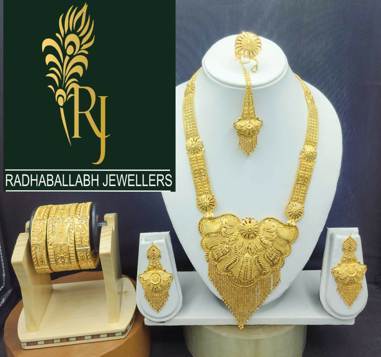 Gold Long Set, Maang Tikka, Bangles & Ring Sarafa Bazar India