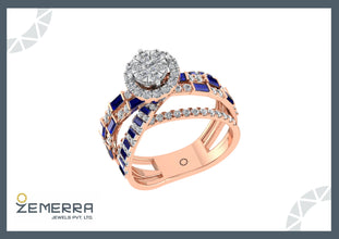 Trendy 14K Rose Gold Diamond Blue Buguette Cut Halo Ring Sarafa Bazar India