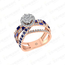 Trendy 14K Rose Gold Diamond Blue Buguette Cut Halo Ring Sarafa Bazar India