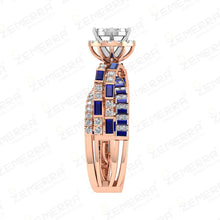 Trendy 14K Rose Gold Diamond Blue Buguette Cut Halo Ring Sarafa Bazar India
