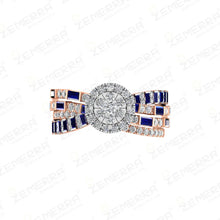 Trendy 14K Rose Gold Diamond Blue Buguette Cut Halo Ring Sarafa Bazar India