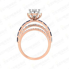 Trendy 14K Rose Gold Diamond Blue Buguette Cut Halo Ring Sarafa Bazar India