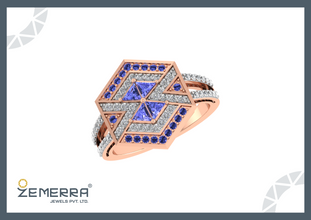 Elegant 14K Gold Tanzanite Diamond Hexagon Bridal Ring Sarafa Bazar India