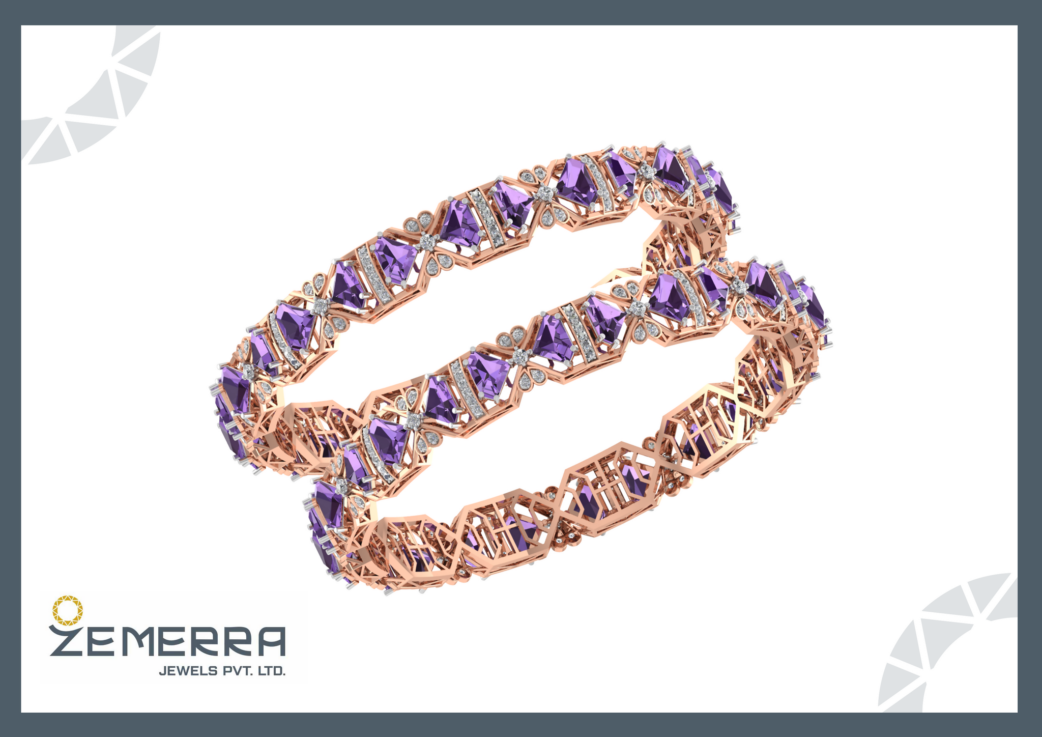Luxury Diamond Shape Stone Bangle In 14K Rose Gold & Diamond Sarafa Bazar India