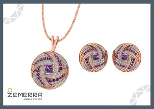 Unique 14K Gold Diamond Amethyst Stone Circle Pendant Set Sarafa Bazar India