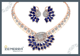 Unique 14K Gold Diamond Blue Kite Stone Necklace Set Sarafa Bazar India