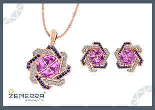 Unique 14K Gold Diamond Double ColorStone Spiral Pendant Set Sarafa Bazar India